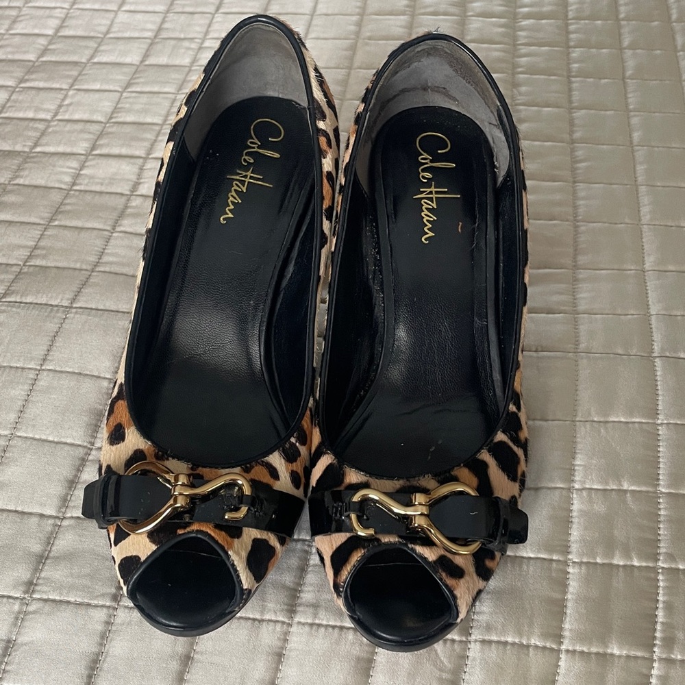 Cole Haan Animal Print Peep Toe Heels with Black Buckle